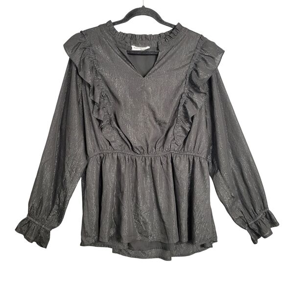 Savanna Jane Tops - SAVANNA JANE Black Long Sleeve Metallic Glitter Ruffle Top Feminine SIZE 3X